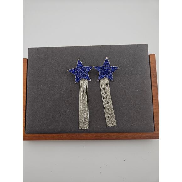 Blue Rhinestone Shooting Star Tassel Fringe Post Earrings Dallas Cowboys Style - Picture 1 of 4